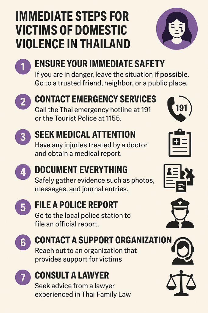 Infographic showing 7 immediate steps for domestic violence victims in Thailand, including safety, emergency contact, medical help, documentation, police report, support services, and legal advice