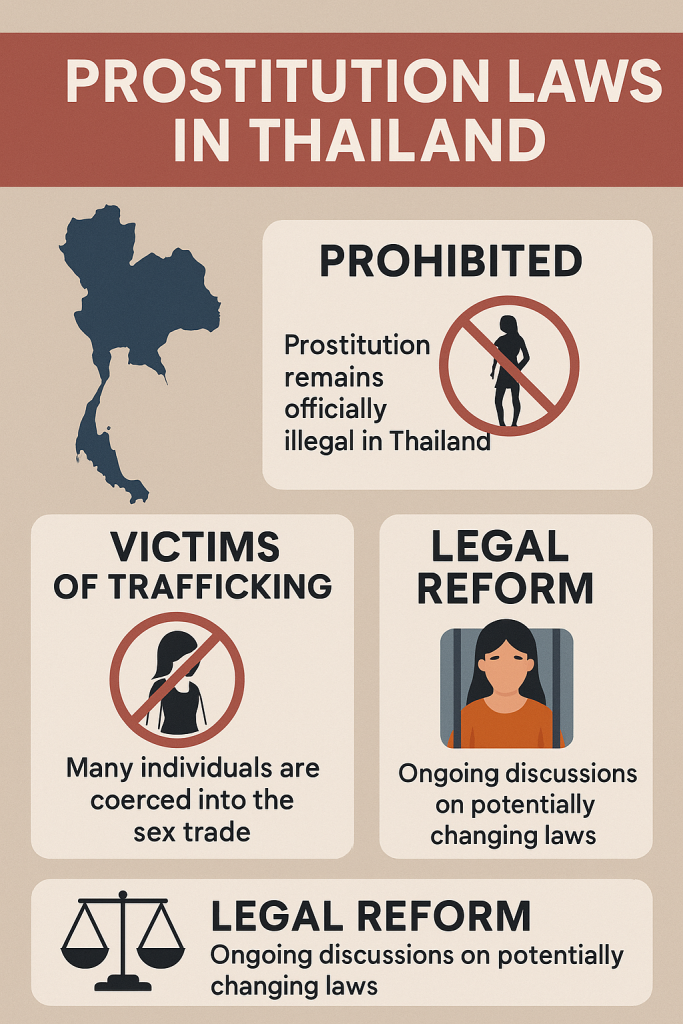Infographic explaining prostitution laws in Thailand, highlighting its illegal status, trafficking concerns, and ongoing legal reform discussions.