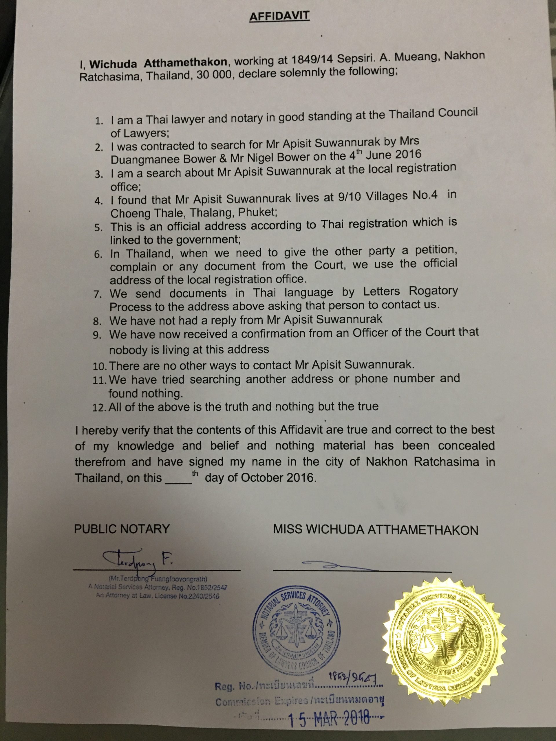 Affidavit by a notary in Thailand