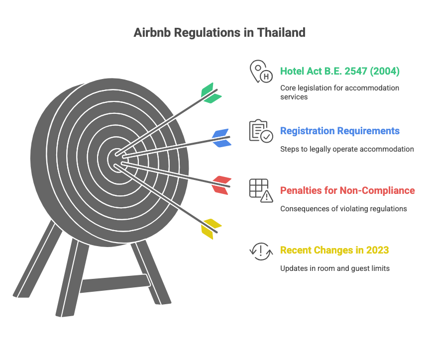 Infographic showing key Airbnb regulations in Thailand including the Hotel Act, registration steps, penalties, and 2023 legal updates