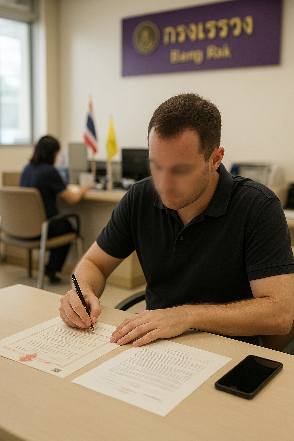 Client signing property transfer documents at Bang Rak Land Office in Bangkok, with consent for use by ThaiLawOnline and face intentionally blurred for privacy.