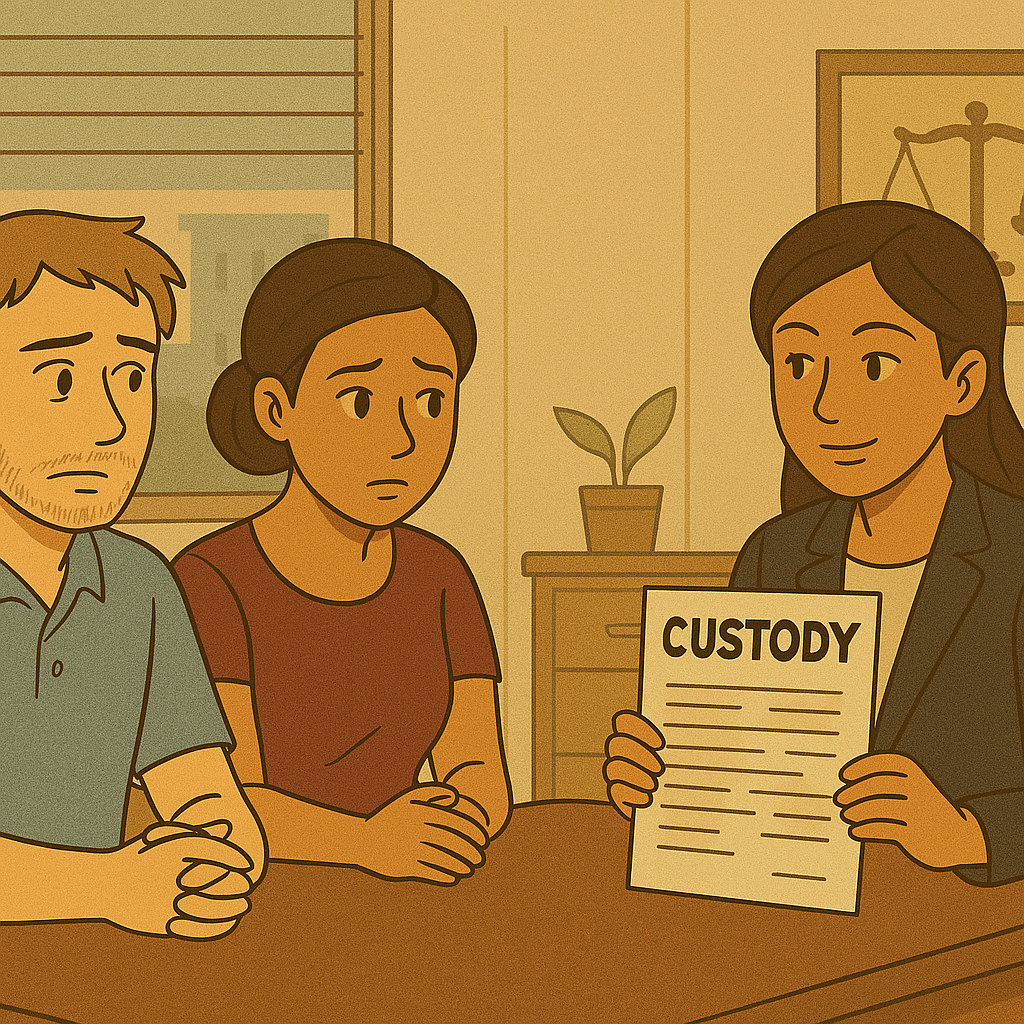 Vintage-style illustration of a foreign man and Thai woman consulting a female family lawyer about child custody in a Thai office setting.