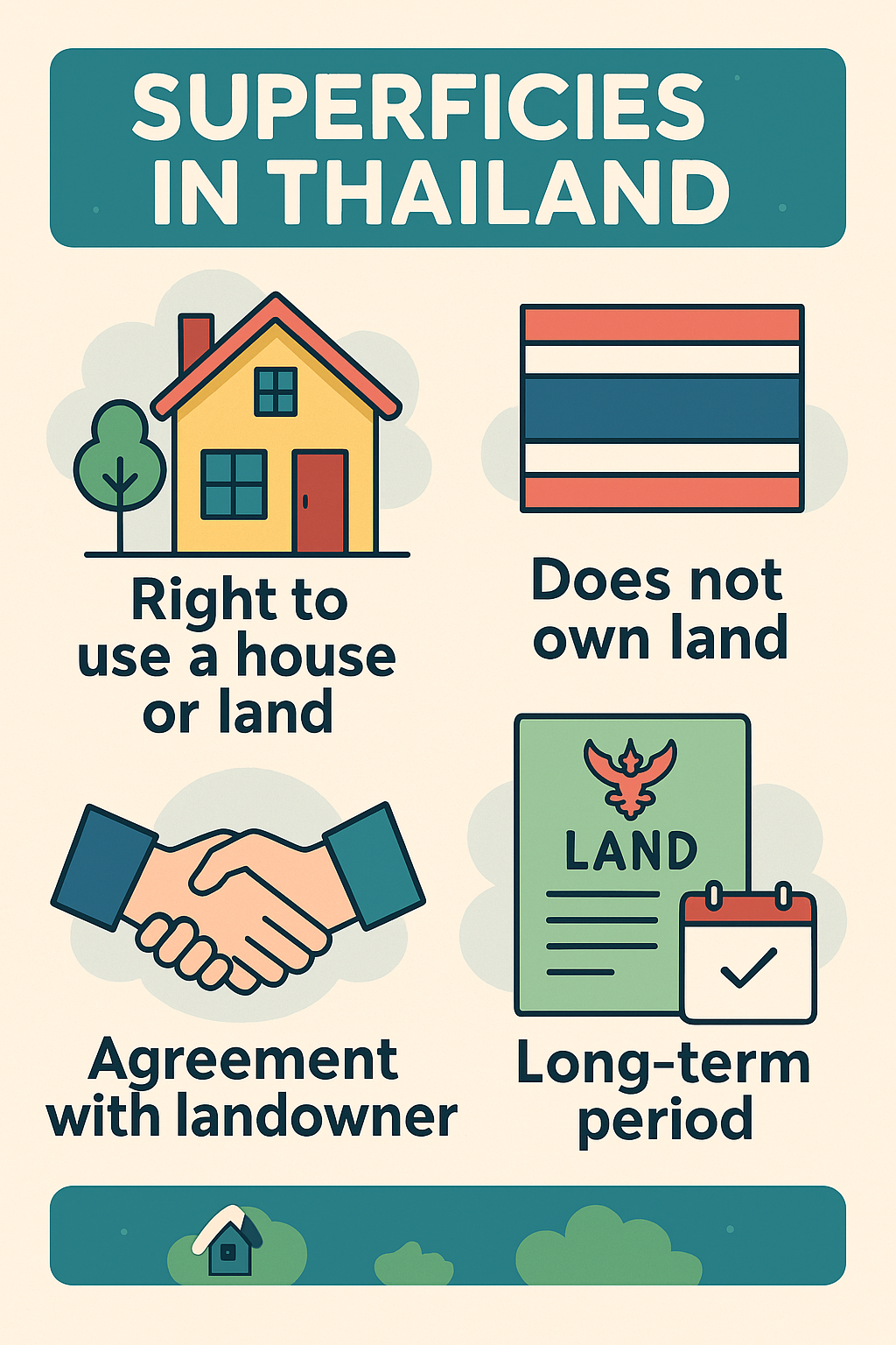 Infographic explaining superficies in Thailand, showing right to use land or house, no land ownership, agreement with landowner, and long-term usage.
