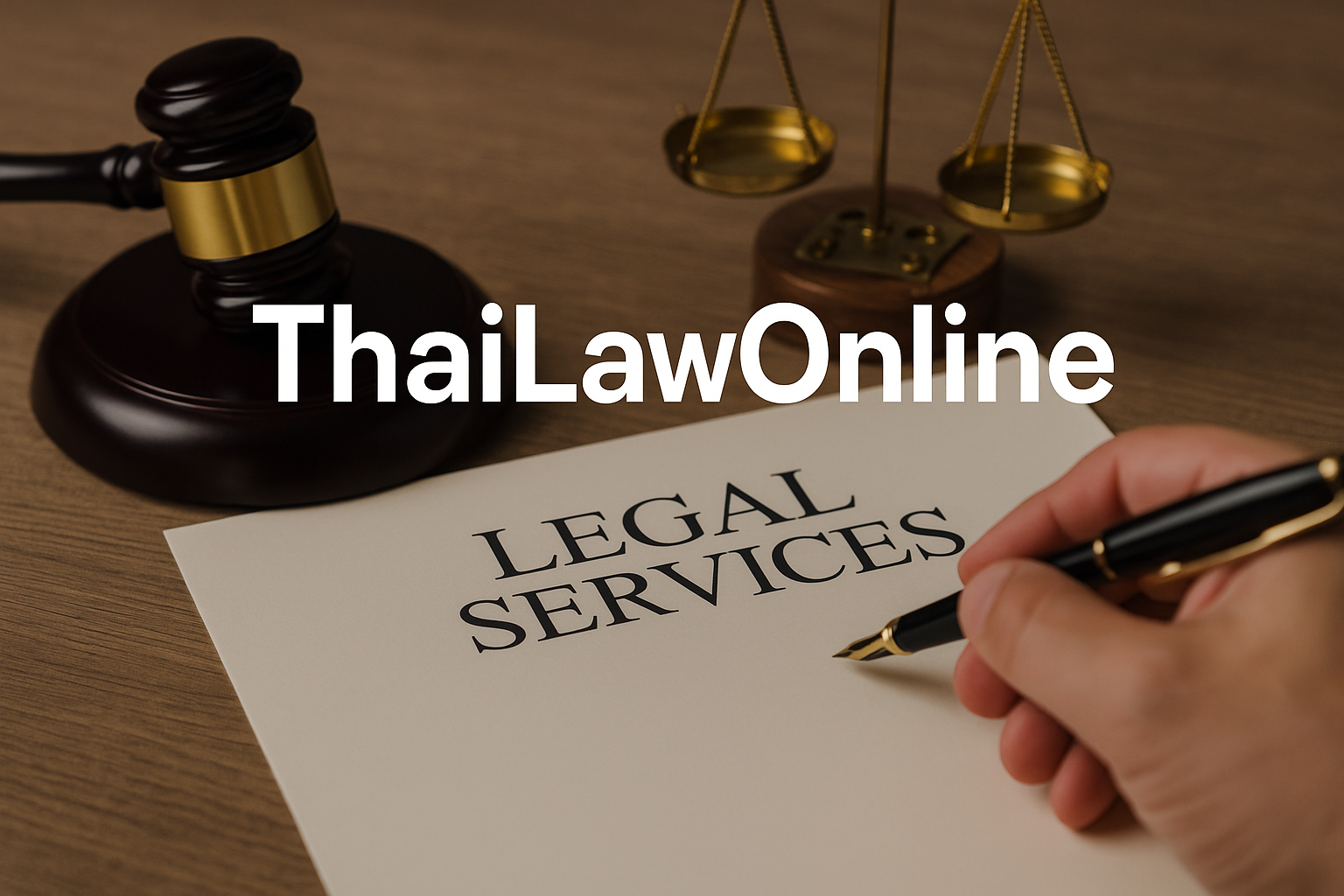 Legal Services in Bangkok and ThaiLawOnline. It showslegal services in Thailand with gavel, scales of justice, and document