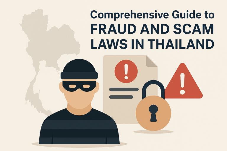 Illustration of fraud and scam prevention in Thailand with masked thief, warning signs, legal document, and security lock