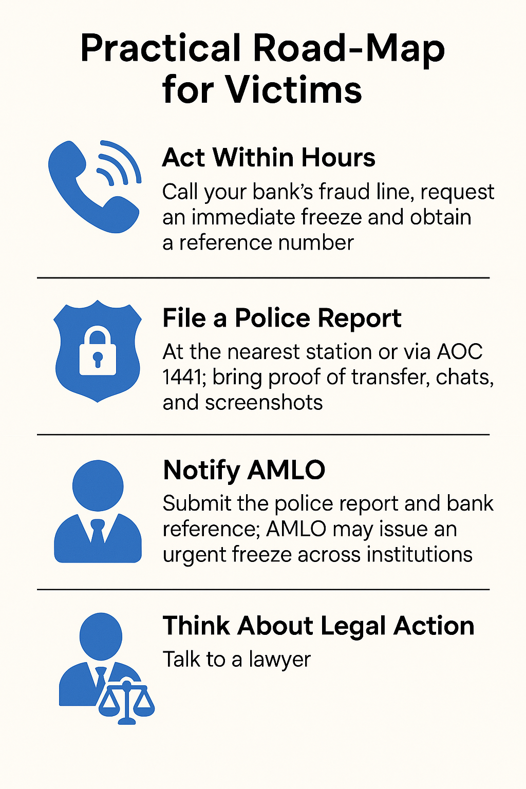 This infographic shows the steps for fraud victims in Thailand.
First, call your bank.
Next, file a police report.
Then, notify AMLO.
Finally, speak to a lawyer. All about Fraud and Scam laws in Thailand