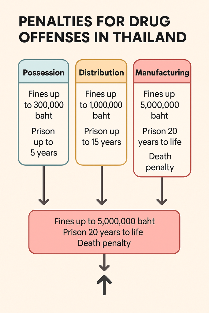 Infographic showing penalties for drug offenses in Thailand, including fines and prison terms for possession, distribution, and manufacturing, with possible life sentences or death penalty.