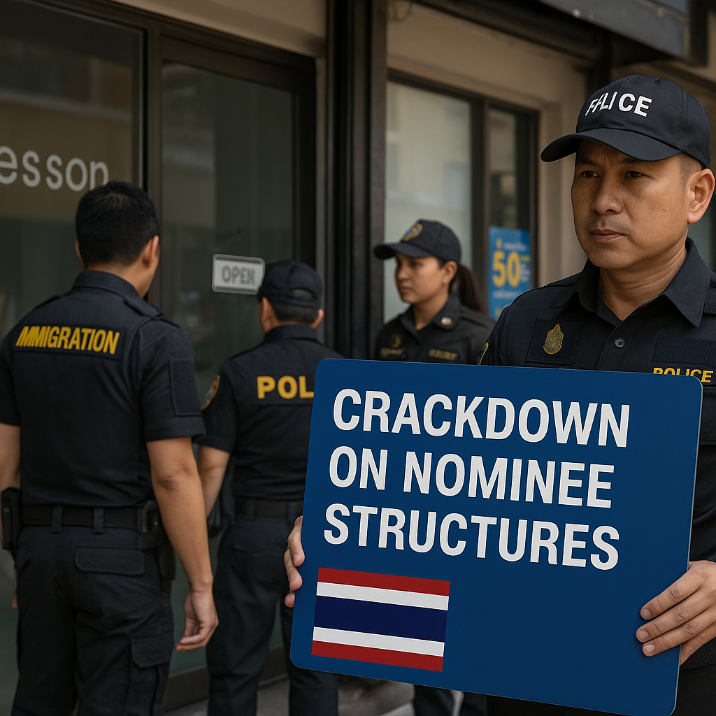 Thai police and immigration officers conducting a crackdown on nominee company structures outside a commercial building in Thailand