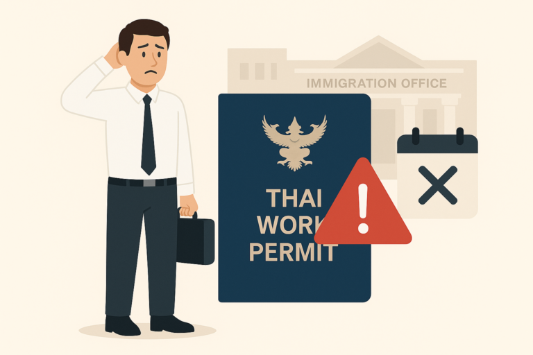 Foreign man facing penalties in Thailand for working without a valid work permit, with warning sign and Thai work permit booklet
