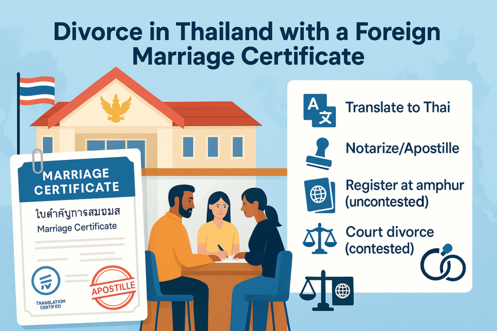 Foreign couple divorcing in Thailand with a foreign marriage certificate, explaining Thai divorce law and court process for expatriates