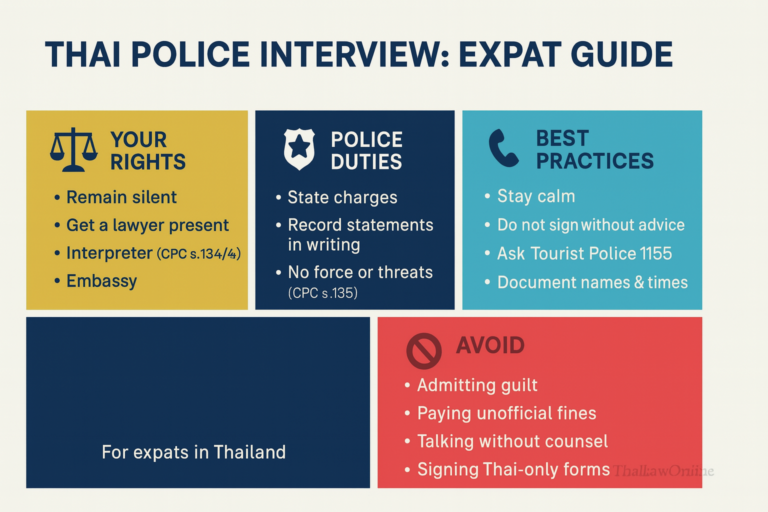 Infographic explaining Thai police interview rights and procedures for expatriates, covering the right to remain silent, access to a lawyer, interpreter requirements, police duties, best practices, and mistakes to avoid during questioning in Thailand.