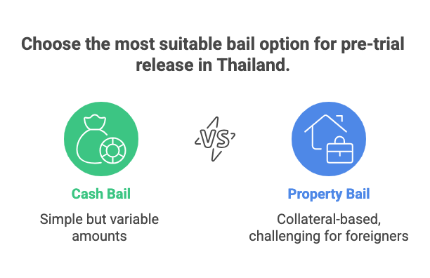Comparison of cash bail and property bail options for pre-trial release in Thailand, highlighting pros and cons for foreigners