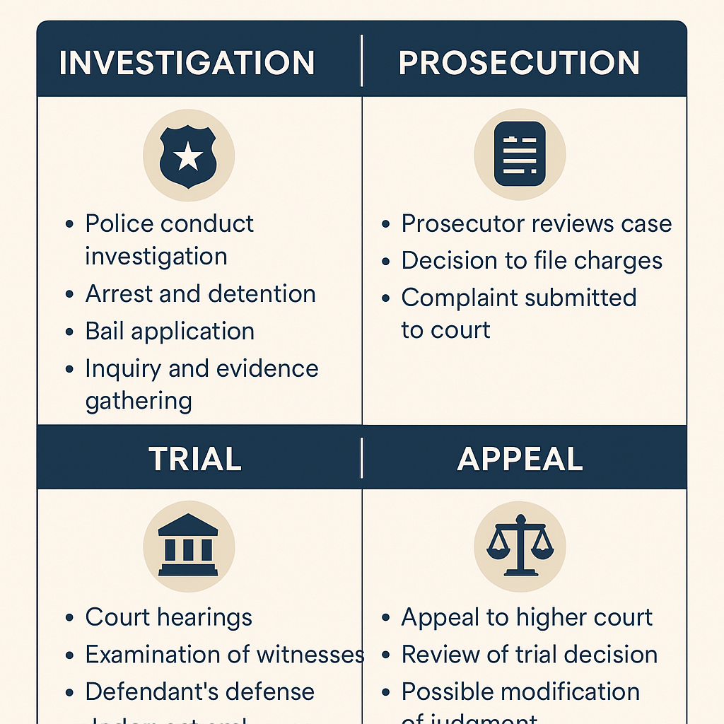 Infographic showing the four stages of the criminal procedure code in Thailand: investigation, prosecution, trial, and appeal