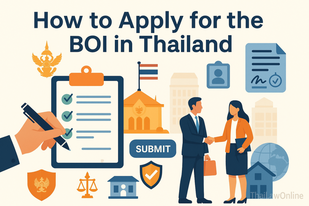 Illustration showing how to apply for the BOI in Thailand. It includes a checklist, a Thai government building, a handshake, and the submission process. This was created by ThaiLawOnline.