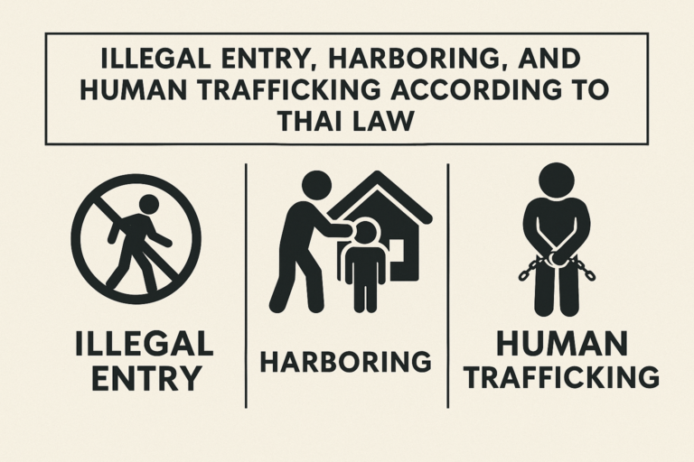 Infographic showing illegal entry, harboring illegal immigrants, and human trafficking under Thai law