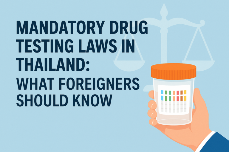 Illustration of mandatory drug testing laws in Thailand with legal scales, police, and foreign travelers