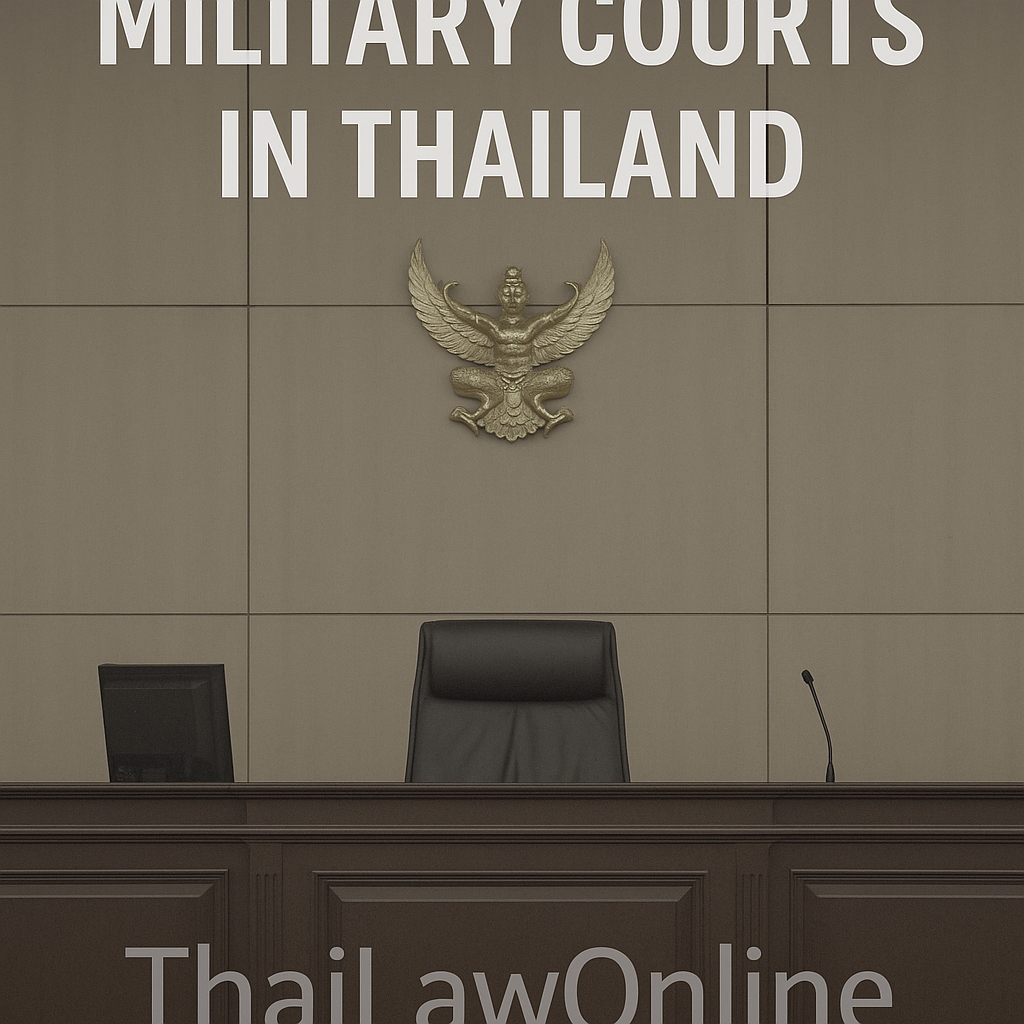 Thai military courtroom with judge’s bench and Garuda emblem, ThaiLawOnline watermark