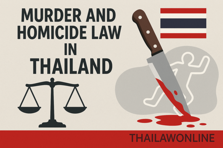 Illustration of murder and homicide law in Thailand. It shows a bloody knife, a crime scene outline, justice scales, and the Thai flag. The image has a ThaiLawOnline watermark