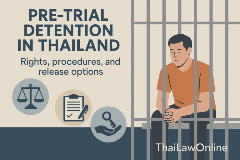 Illustration explaining pre-trial detention in Thailand, showing legal rights, court procedures, and release options with ThaiLawOnline watermark