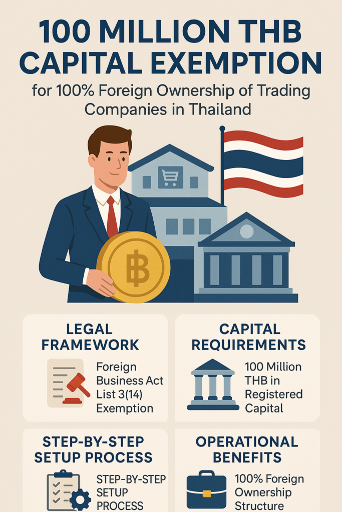 Infographic showing Thailand’s 100 million THB capital exemption under the Foreign Business Act List 3(14). Highlights include 100% foreign ownership of trading companies. There is no need for a Foreign Business License. The capital requirement is 100 million THB, with 25% (23.75 million THB) paid-up. There are also benefits for wholesale and retail operations.
