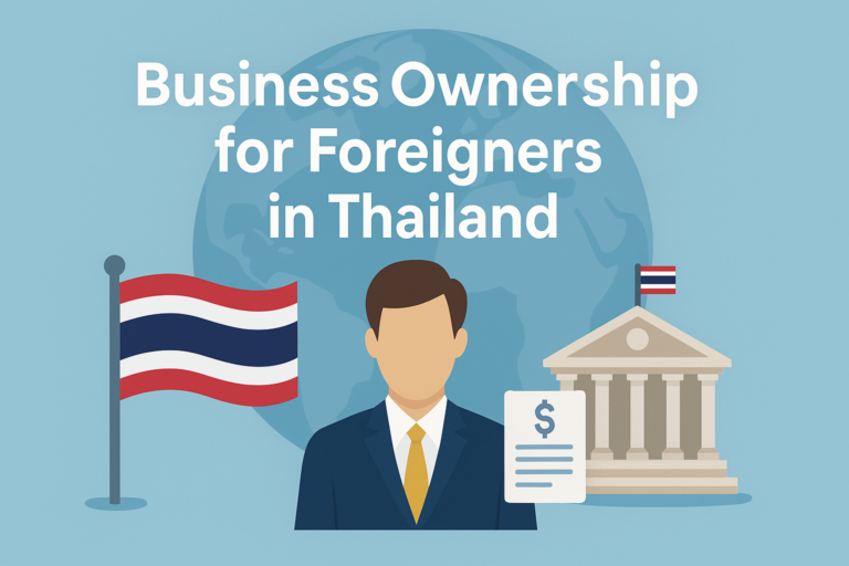 Illustration of foreign business in Thailand. It shows the Thai flag, a businessman, and a government building. The image introduces pathways like BOI promotion, Foreign Business License, and Treaty of Amity