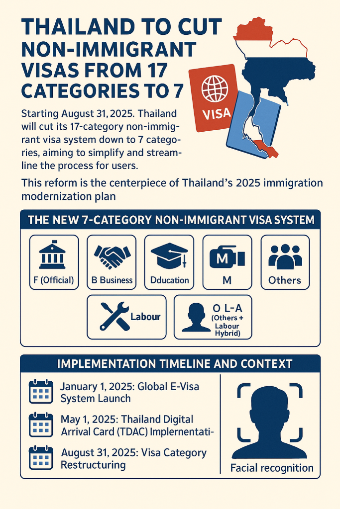 Infographic showing Thailand visa reform. It cuts down the number of non-immigrant visas from 17 to 7. 

The new timeline includes a global e-visa and a digital arrival card. 

It also introduces new visa categories: F, B, ED, M, O, L-A, and O L-A
