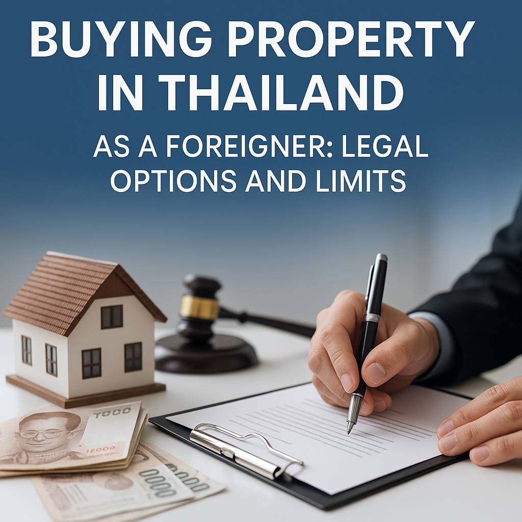A foreign investor is signing a property contract in Thailand. The desk has Thai baht, a small house, and legal documents. This shows the rules for foreign ownership and investment options. All info about Buying Property in Thailand
