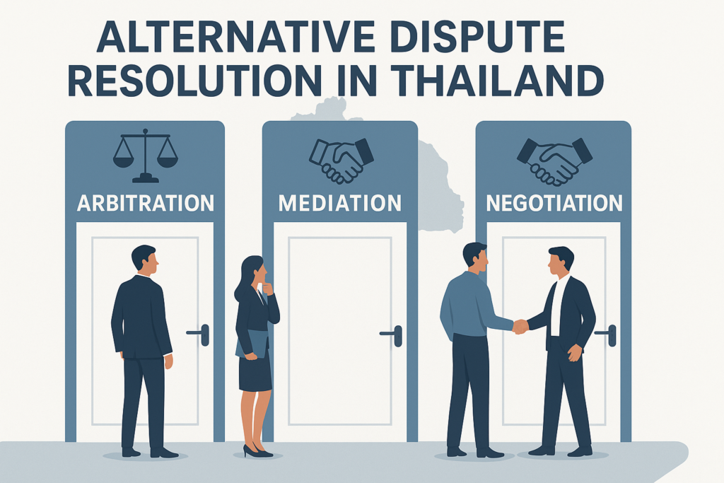 Alternative Dispute Resolution in Thailand includes mediation, arbitration, and negotiation. These are peaceful ways to settle disputes outside of court. The text shows how these methods work in the Thai legal context, using handshake icons for illustration.