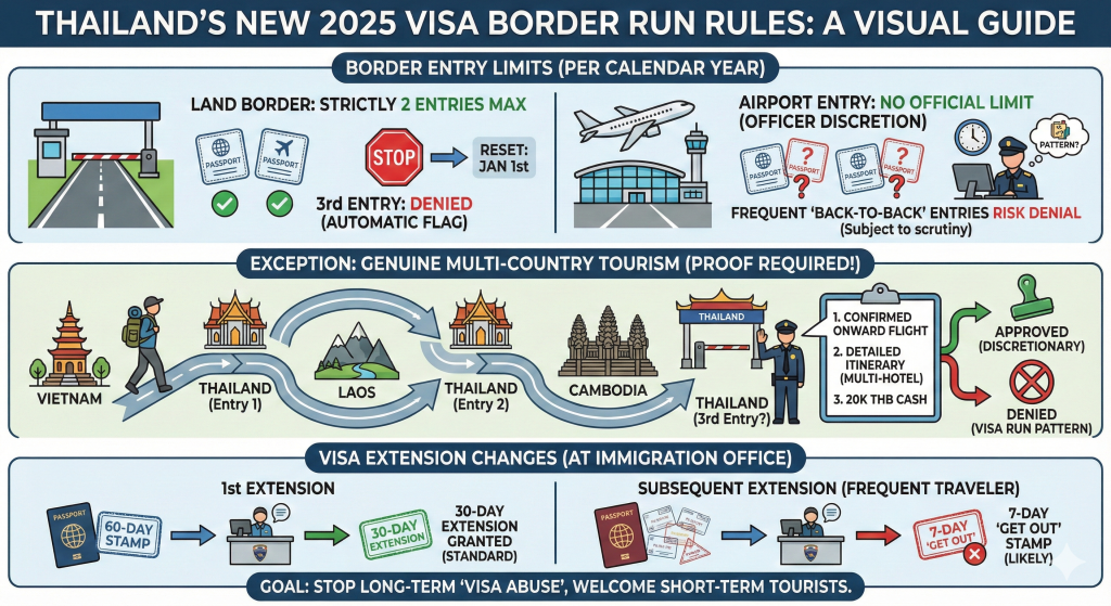 Infographic guide to Thailand's 2025 border run rules: Explaining the strict 2-entry limit at land borders, the 'valid reason' exception for multi-country tourists, and new restrictions on 30-day visa extensions.