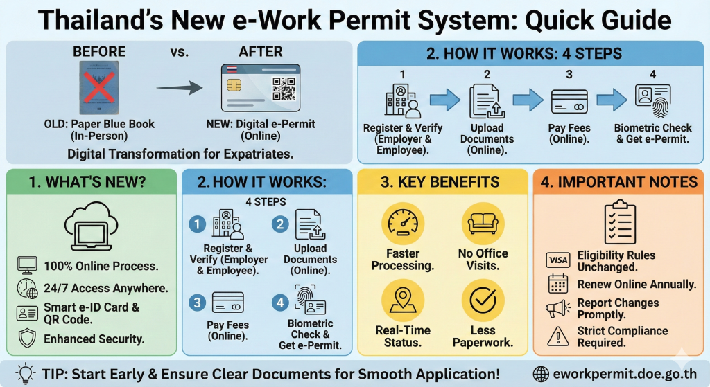 Infographic guide to Thailand's new Electronic Work Permit System 2025 for expatriates, illustrating the 4-step digital application process, benefits of the new e-ID card, and requirements.