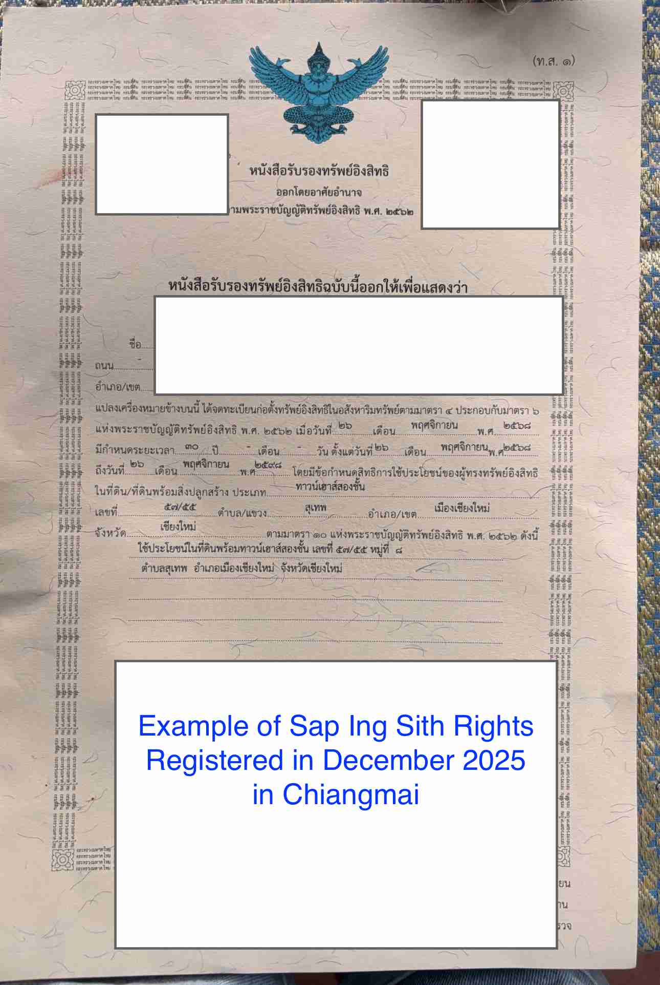 Sap-Ing-Sith in Thailand Copy of Title Deed to show how it is done