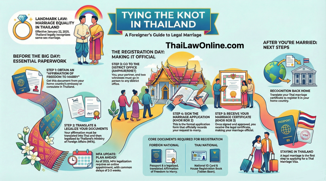 Infographic showing the steps to register a marriage in Thailand. It includes the needed documents and timeline for foreigners.