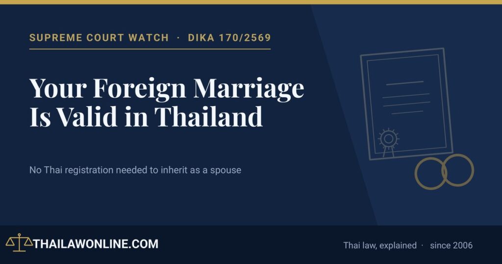 Foreign marriage valid in Thailand — Supreme Court Dika 170/2569 on a spouse inheriting as a statutory heir