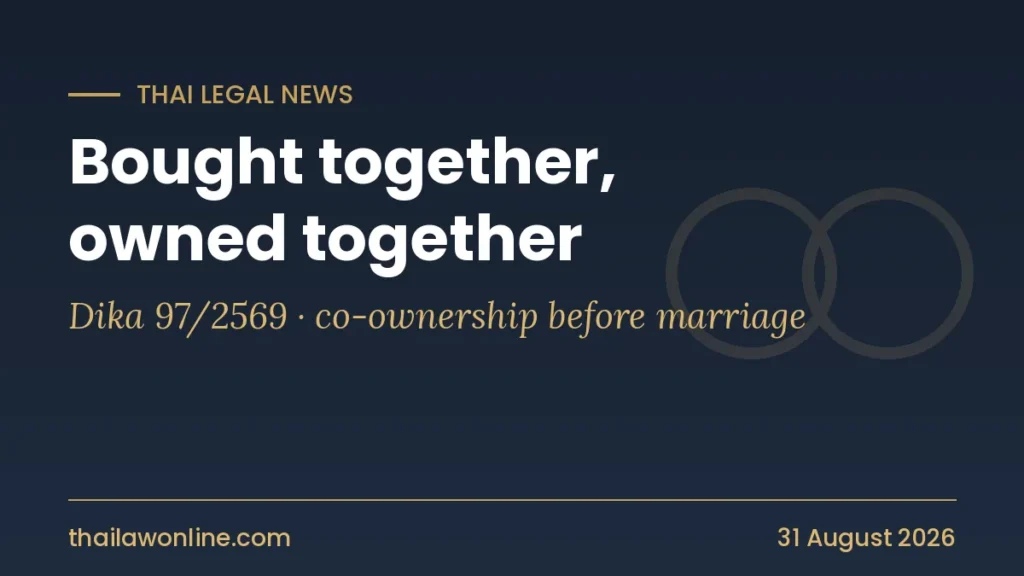 Thai Supreme Court decision 97/2569: land acquired jointly during unmarried cohabitation is co-owned half each even if registered in one partner's name