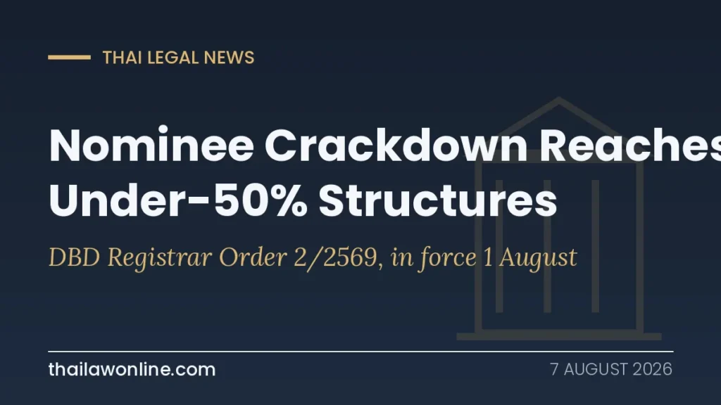 Thailand nominee shareholder crackdown: DBD Registrar Order 2/2569 requires source-of-funds proof for Thai companies with foreign shareholders under 50 percent