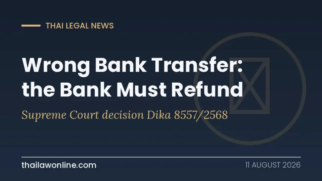Wrong bank transfer in Thailand: Supreme Court decision Dika 8557/2568 orders the bank to refund 31,000 baht plus 3 percent interest