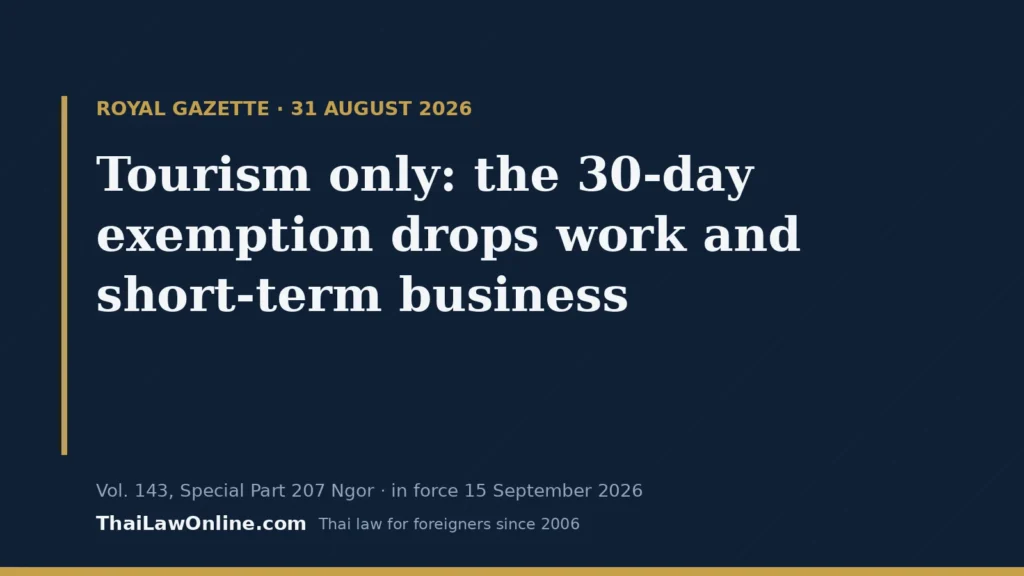 Royal Gazette 31 August 2026: Thailand 30-day visa exemption is for tourism only, work and short-term business removed from 15 September 2026
