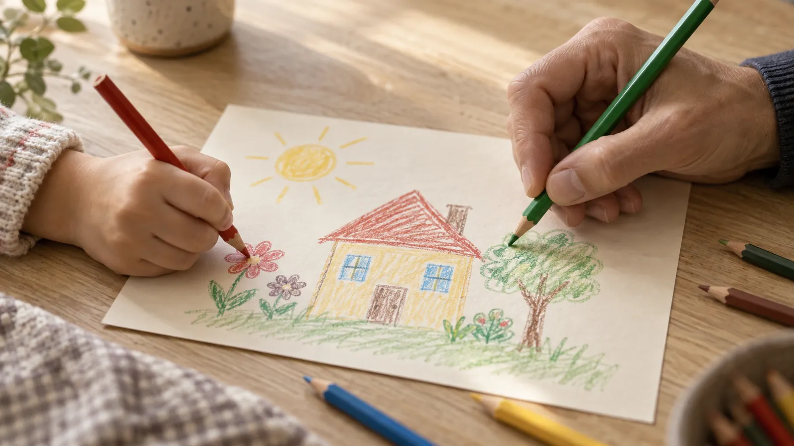 An adult and a child drawing a house together with coloured pencils.