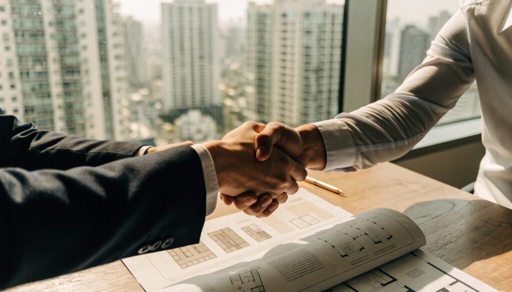 Buying a condo through an agent in Thailand: a handshake over a condominium floor plan in a Bangkok office, the moment before the checks an agent does not run