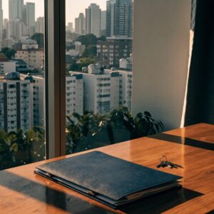 Buying a resale condo in Thailand: keys and a folder of documents on the table of a second-hand Bangkok condominium with the city through the window