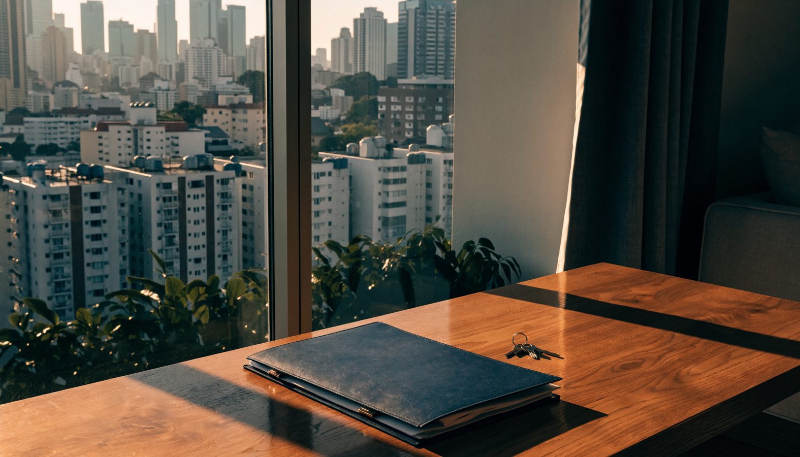 Buying a resale condo in Thailand: keys and a folder of documents on the table of a second-hand Bangkok condominium with the city through the window