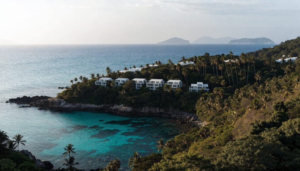 Condo lawyer Phuket: low-rise condominium villas on a Phuket hillside above a turquoise bay, the kind of project a buyer must verify is a registered condominium