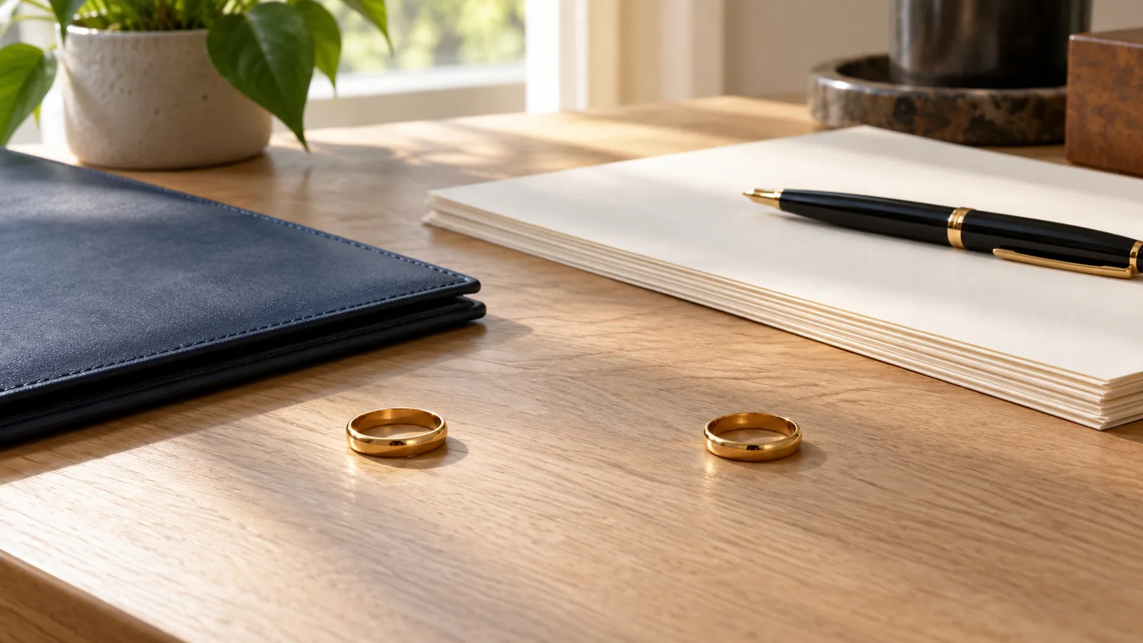 Two wedding rings placed apart beside a document folder and pen.