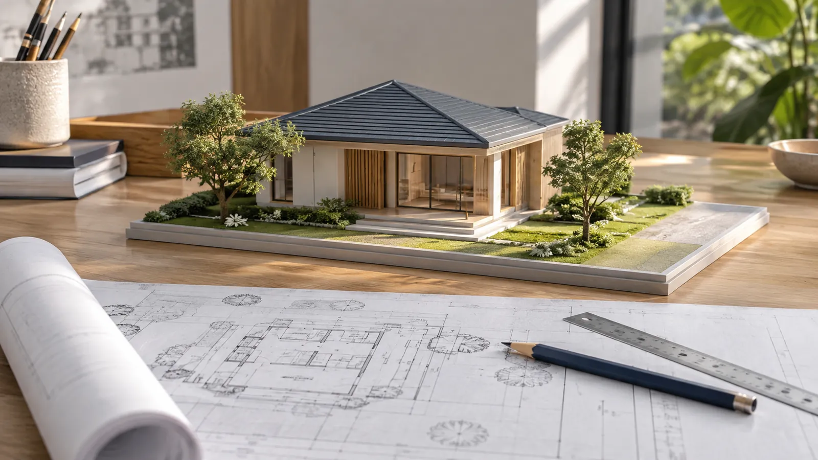 An architectural house model on a site base beside building plans.